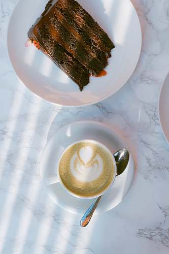coffee cup sliced chocolate cake pottery